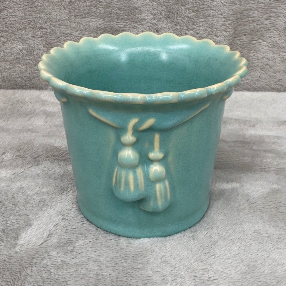 Vintage Weller Darsie Teal Ceramic Planter Scalloped Tassel Crackle Glaze 4.5"